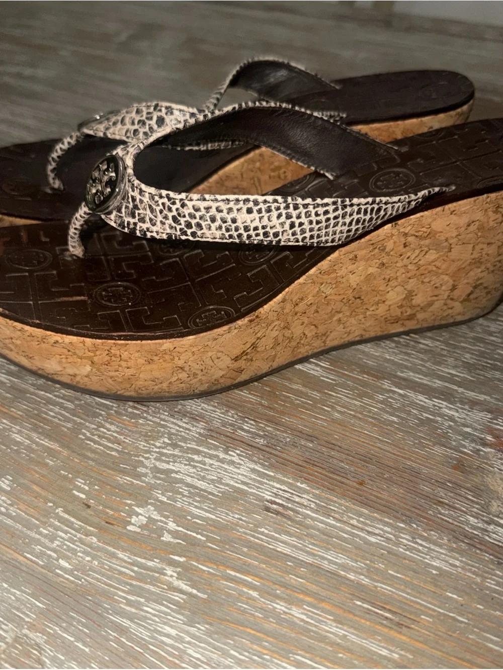 Tory Burch Suzy Cork Snake Print Thong Wedge Heels Sandals Shoes Women's 9